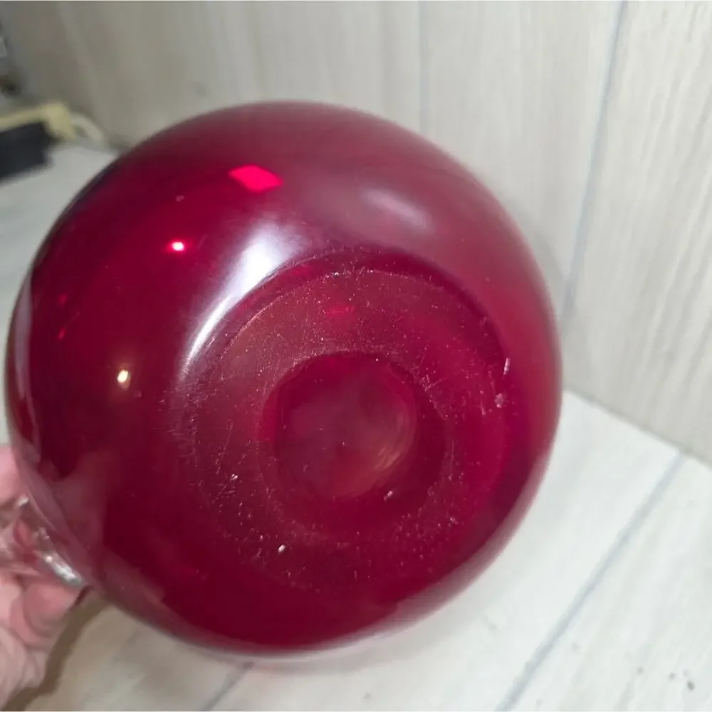 Vtg Hand-Blown Ruby Red Pitcher With Clear Handle Victorian 7